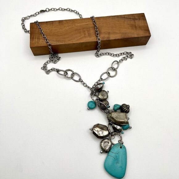 Boho Statement Long Necklace Faux Turquoise Charm Cluster Pendant Western Chic - Picture 2 of 5
